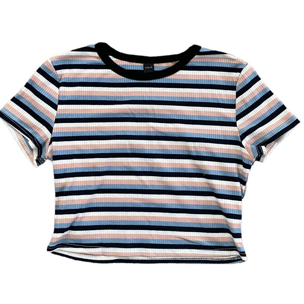 SHEIN Striped Ribbed Shirt Blue Black White Blush Pink Size XL